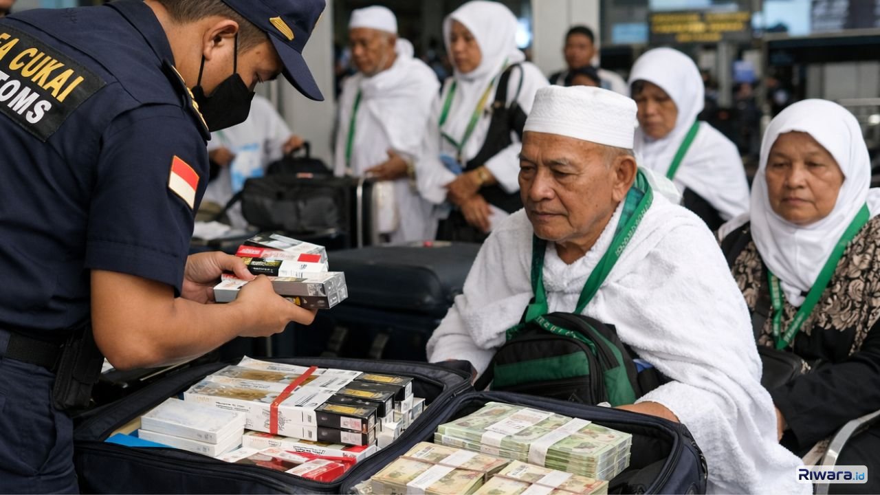 Petugas Bea Cukai melakukan pemeriksaan barang bawaan jemaah haji di bandara kedatangan Indonesia. Jemaah diingatkan membawa rokok maksimal 200 batang dan melaporkan uang tunai di atas Rp100 juta.